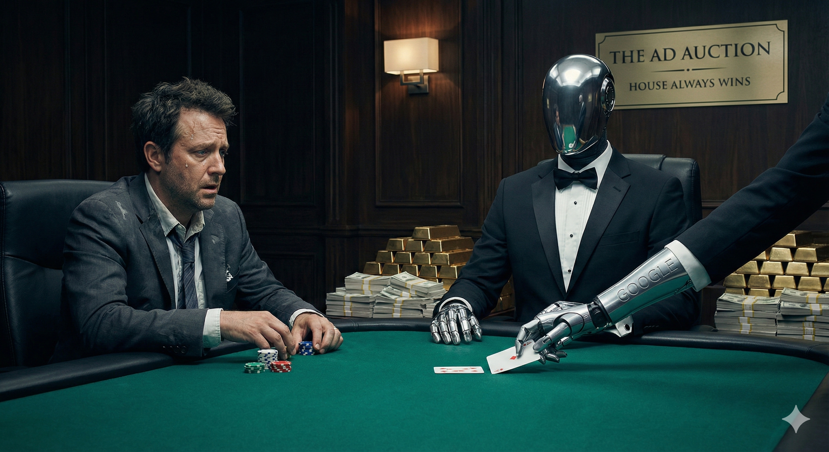 Visual metaphor for the Google Ads 'Great Decoupling': A rigged poker game illustrating how AI Overviews and rising CPCs are pricing SMBs out of the market in favor of large enterprises.