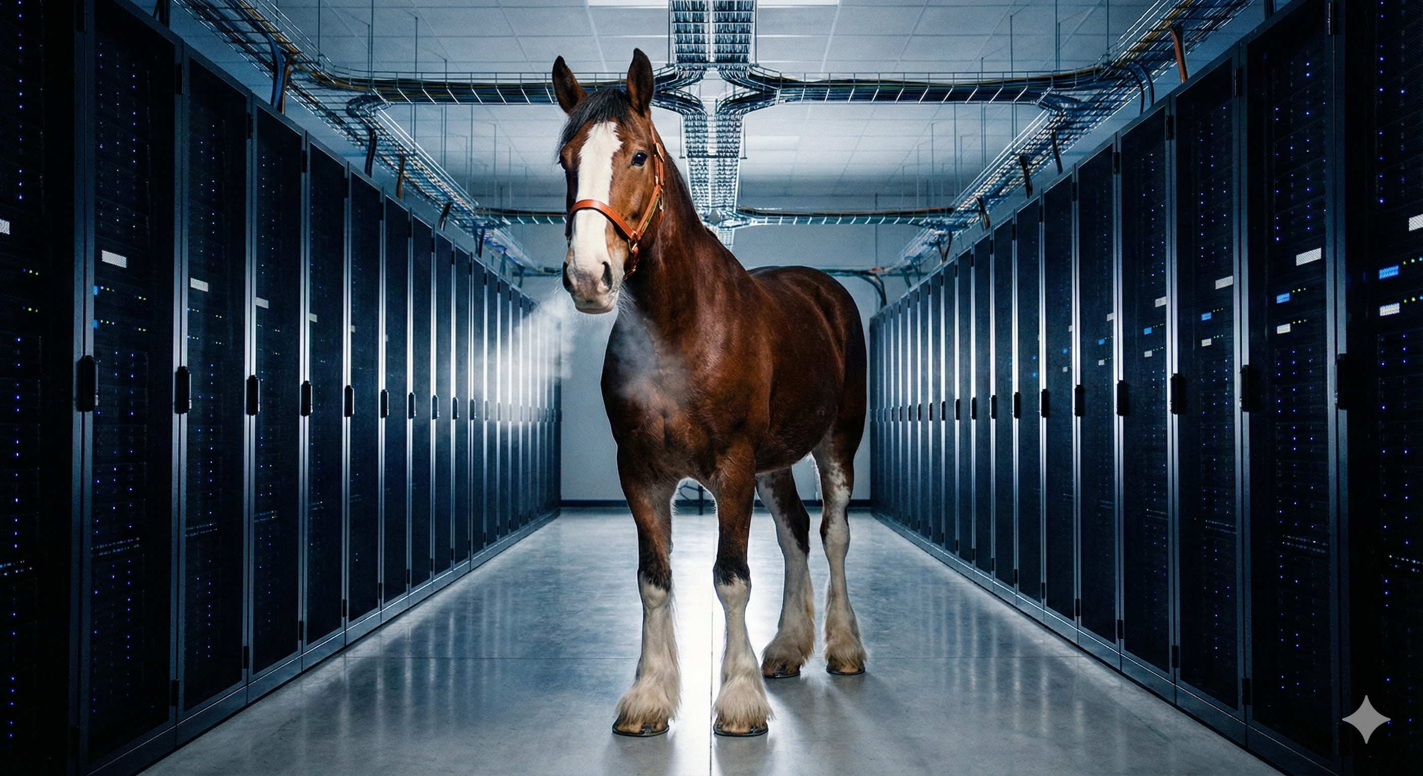 A Clydesdale horse stands in the aisle of a modern data center, breath visible in the cold air, surrounded by rows of server racks with blue LED lights.