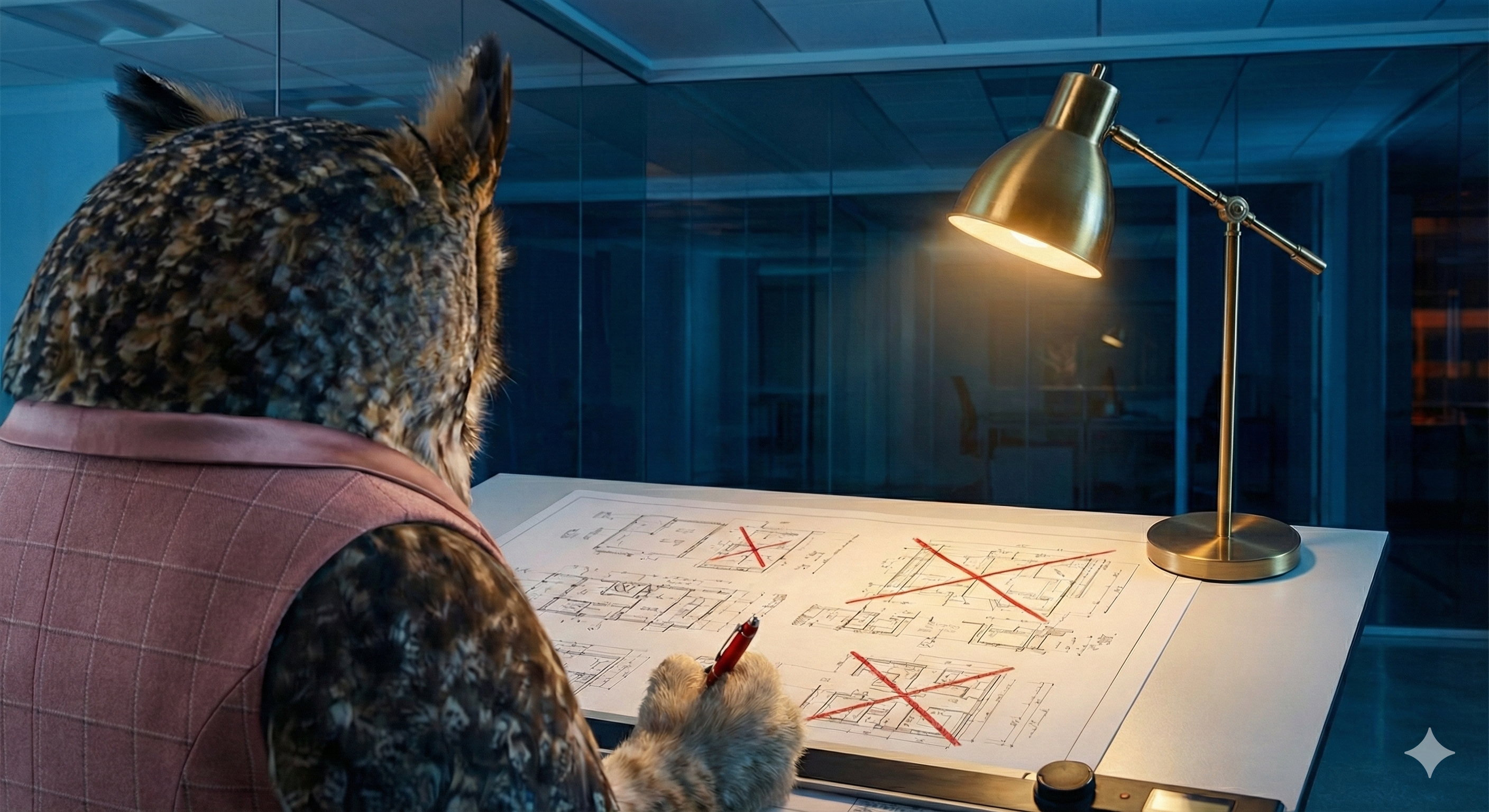 A great horned owl wearing a blazer sits at an architect's drafting table in a deep navy-lit modern office, holding a red pen and marking bold corrections across a technical blueprint spread before it. A brass desk lamp illuminates the work.