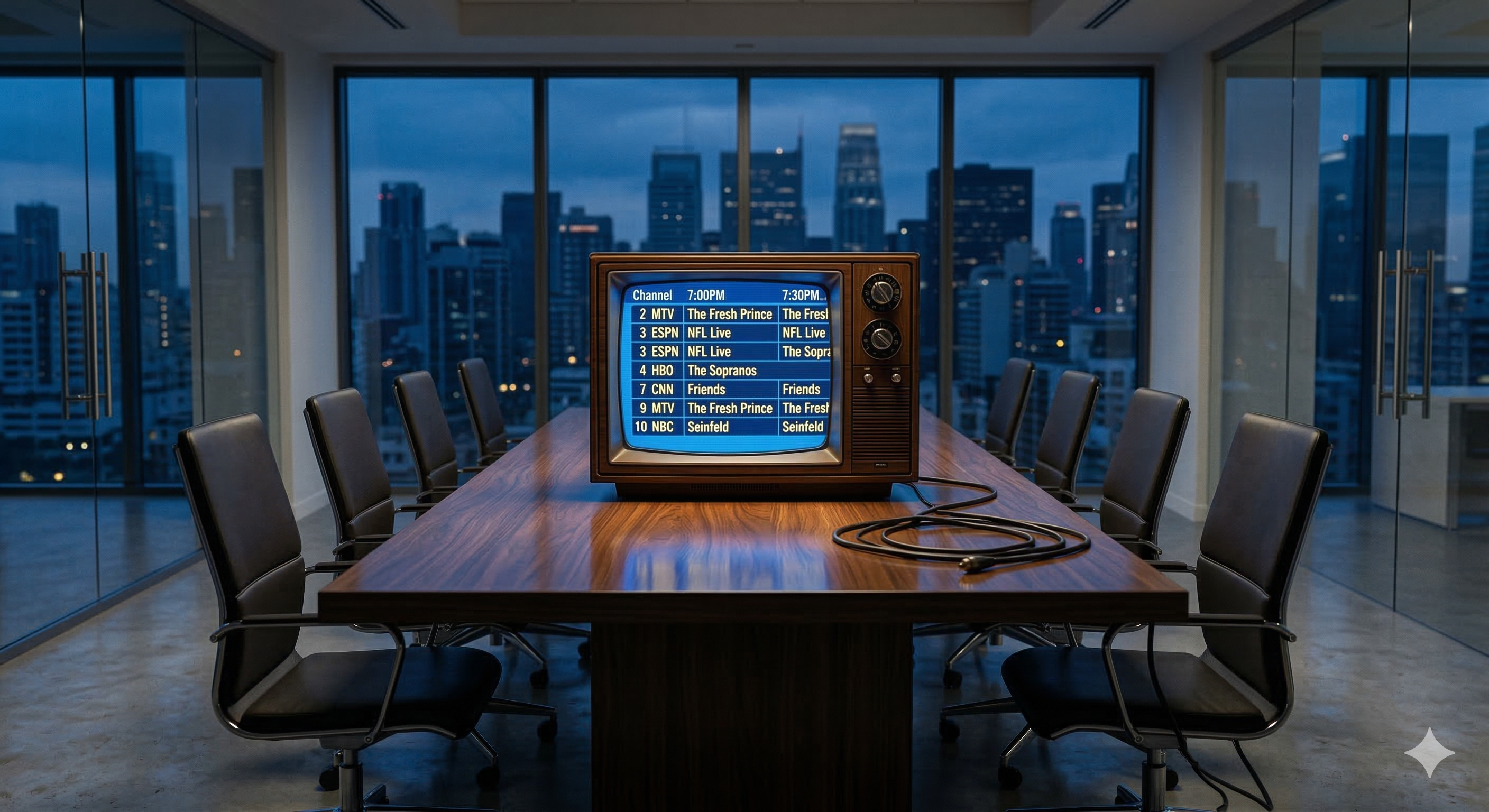 A vintage wood-grain cathode-ray television displaying a classic blue cable TV channel guide sits in the center of a polished conference table in a modern high-rise boardroom, coaxial cable coiled on the table beside it.
