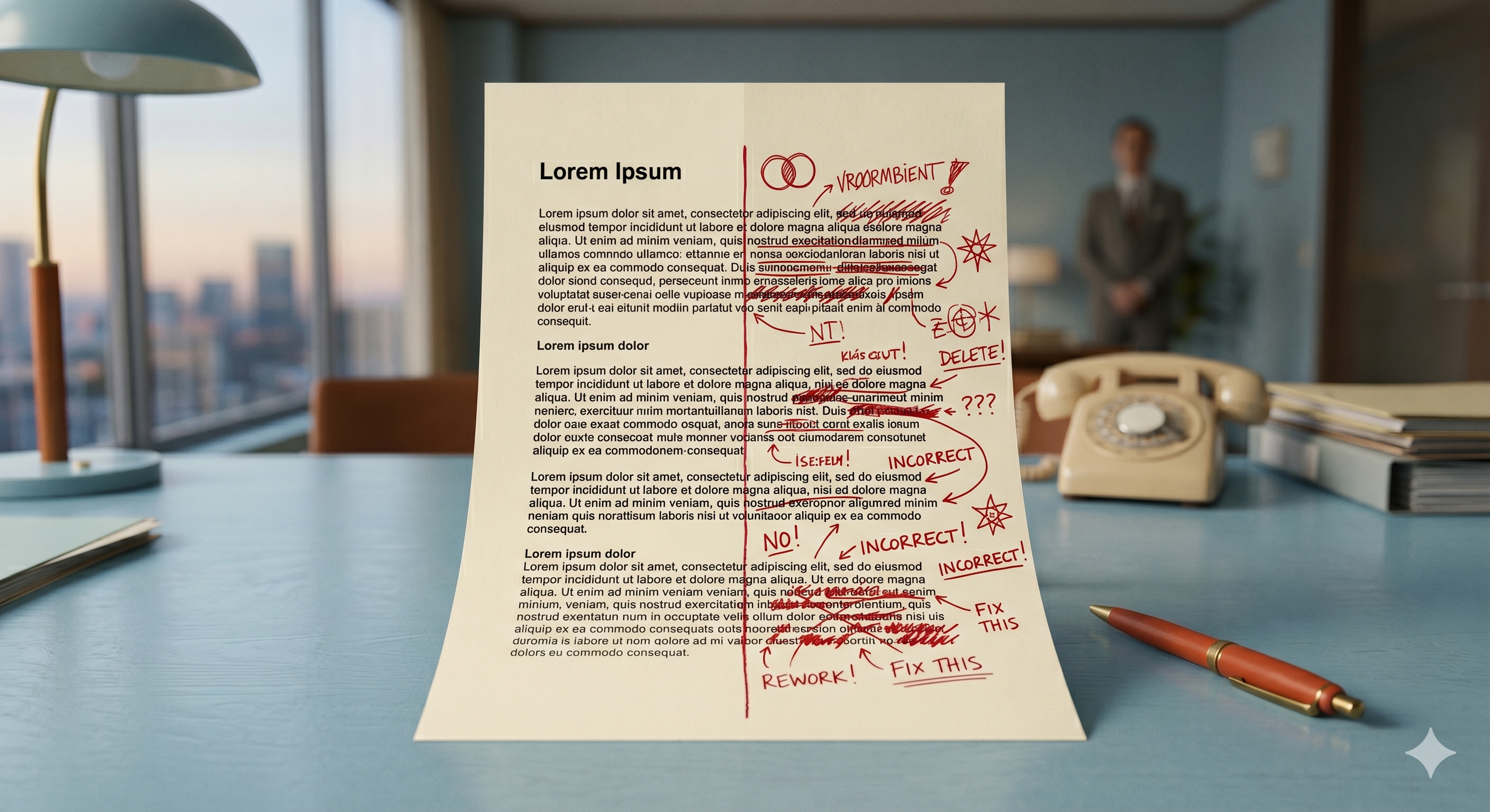 A single sheet of paper split down the middle on a clean desk, with the left half pristine and the right half covered in red pen edits, representing the difference between unedited and edited writing.